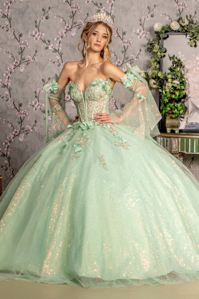 GL3486 3-D Flower Jewel Sheer Bodice Mesh Ball Gown | GLS