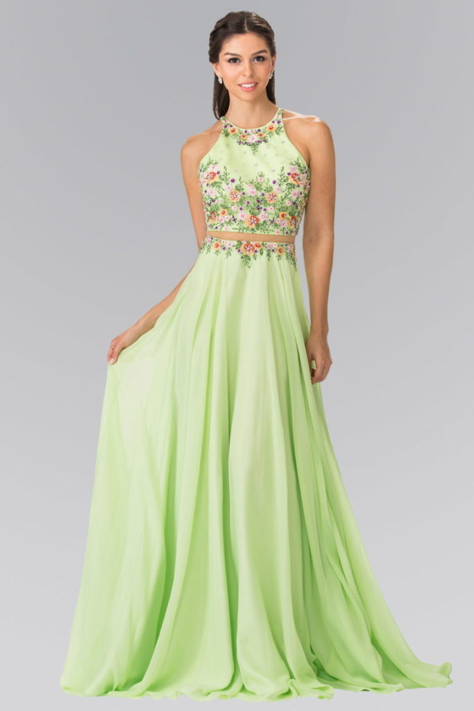 neon green embroidery sequin long dress
