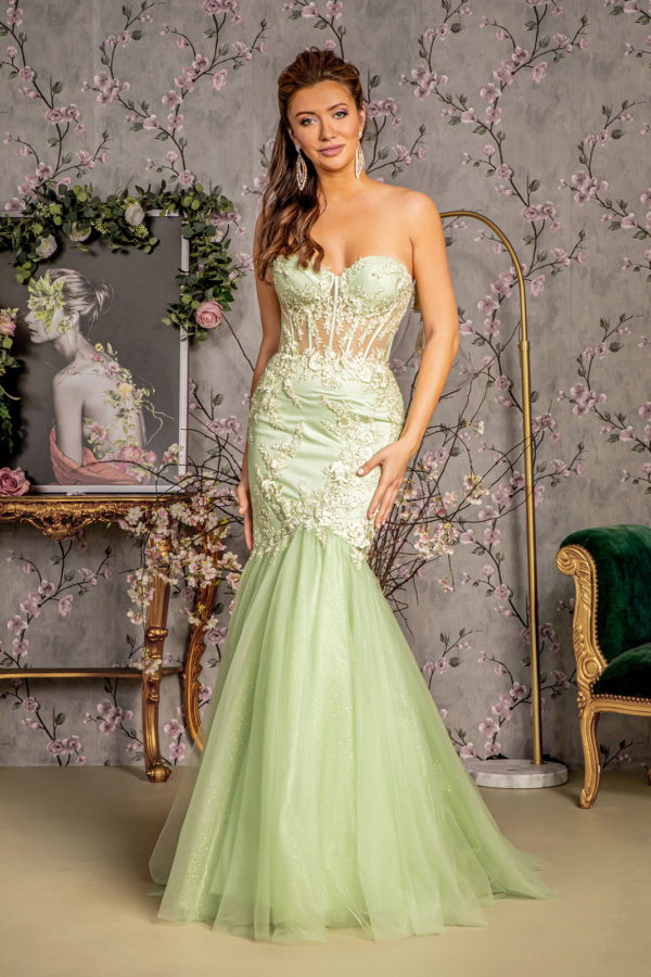 light green mesh applique beads glitter sheer sweetheart trumpet long dress
