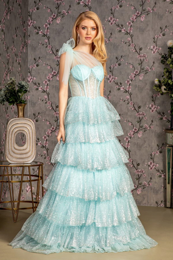baby blue mesh glitter sweetheart prom long dress