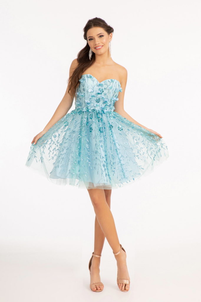 3D Floral Applique Embellished Glitter Mesh Sweetheart Short Dress 