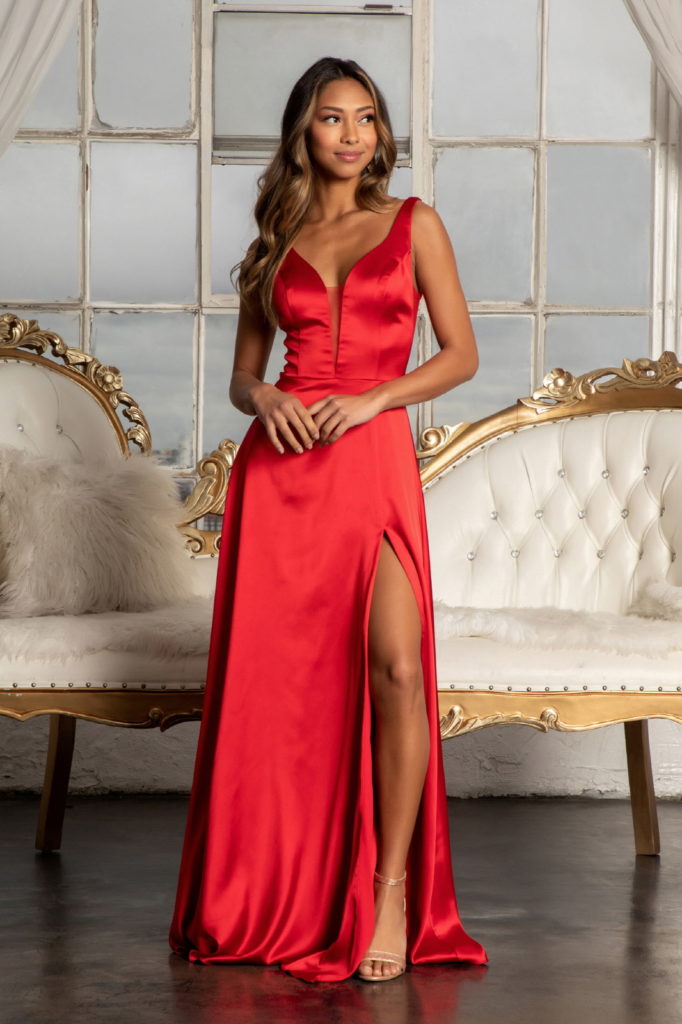 red satin v-neck dress with a sheer side detail