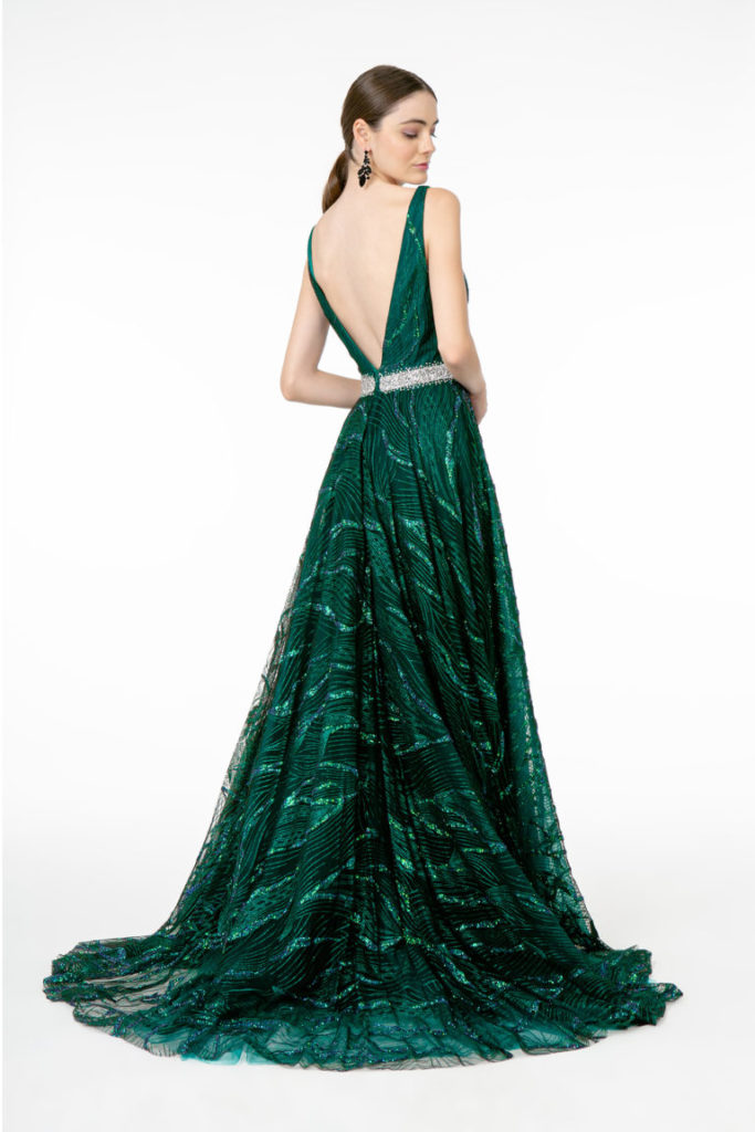 Jewel Accented Waist Glitter Mesh A-Line Dress