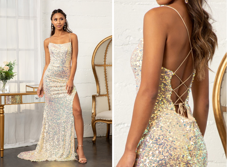 Straight Across Sequin Embellished Mermaid Dress w/ Open Lace-up Back