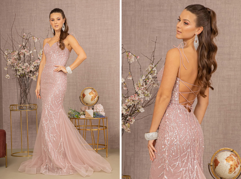 Sequin Bead Lace-up Back Trumpet Dress w/ Mesh Tail