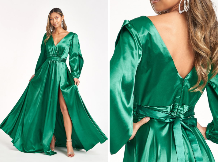 v-neck satin long sleeve long dress w/ waist strap