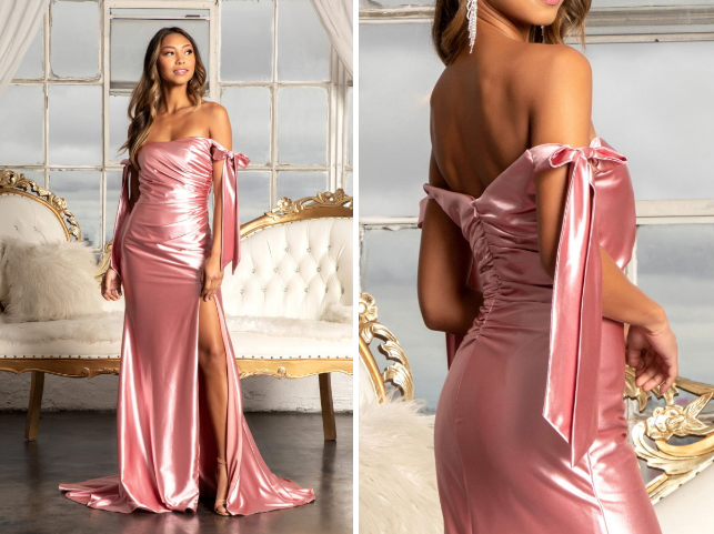 gathered bodice satin mermaid dress w/ straight across neckline