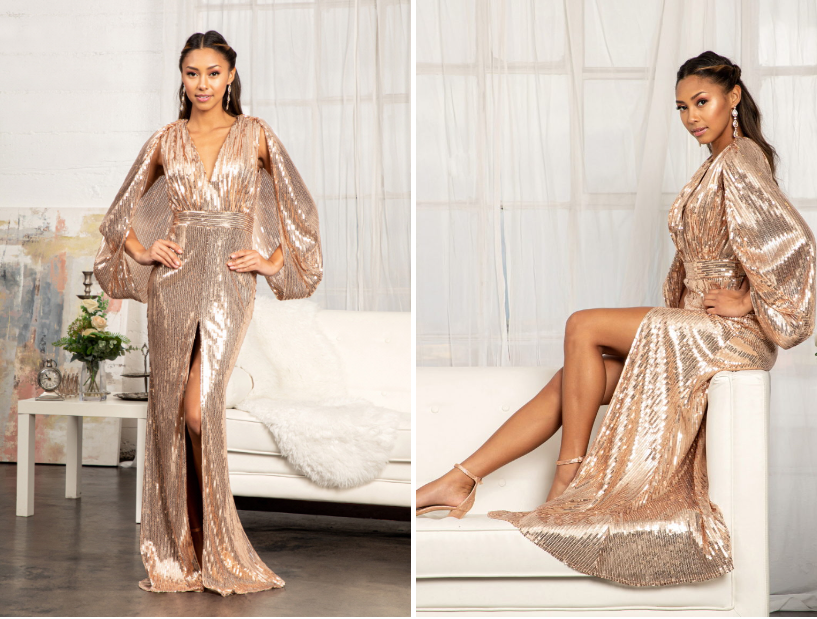 Elizabeth K Full Sequin Cape Sleeve V-Neck Long Dress