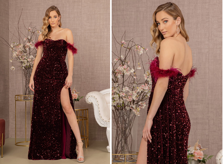 Feather Sequin Velvet Mermaid Dress w/ Velvet Side Waist Layer 