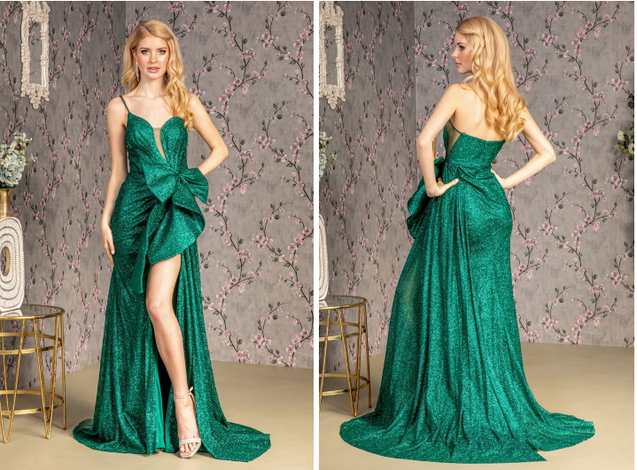 Asymmetric Glitter Crepe Mermaid Long Dress w/ Side Waist Drape 