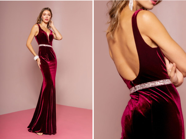 Jewel Accented Waist Line V-Neck Velvet Dress w/ U-Back