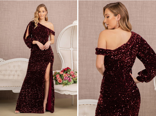 Sequin Asymmetric Velvet Mermaid Dress w/ One Long Puff Sleeve