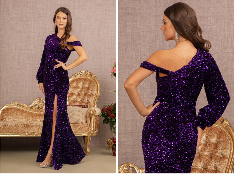 Sequin Asymmetric Velvet Mermaid Dress w/ One Long Puff Sleeve