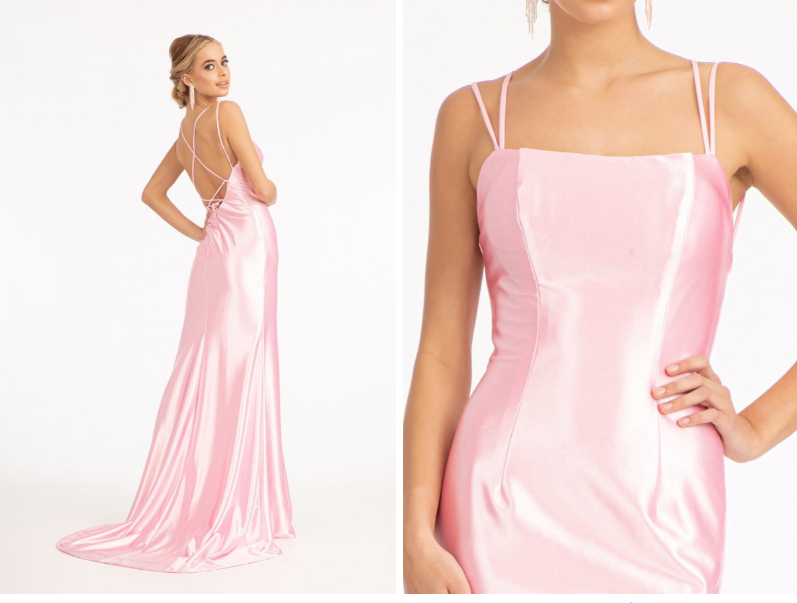 Straight Across Satin Mermaid Dress w/ Lace-up Back and Slit