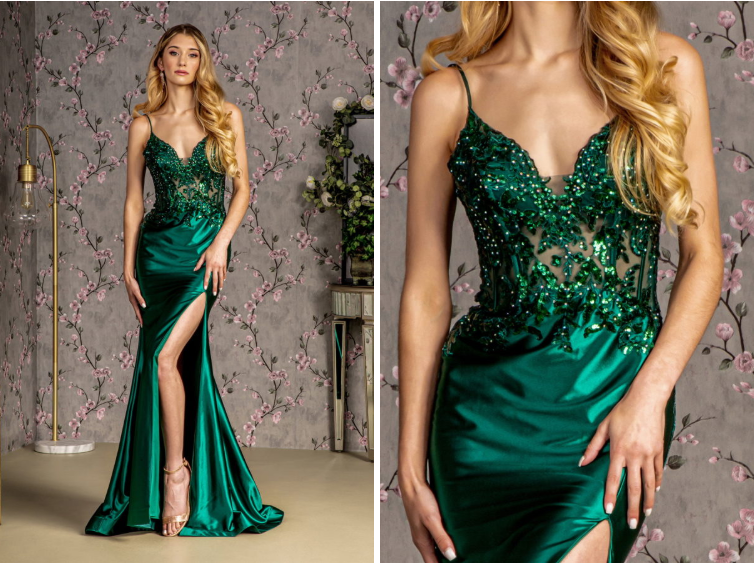 Embroidery Sheer Bodice V-back Satin Mermaid Long Dress