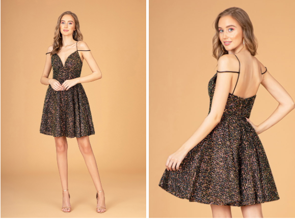 Black and Gold Sequin Babydoll Dress with Cut-Away Shoulders