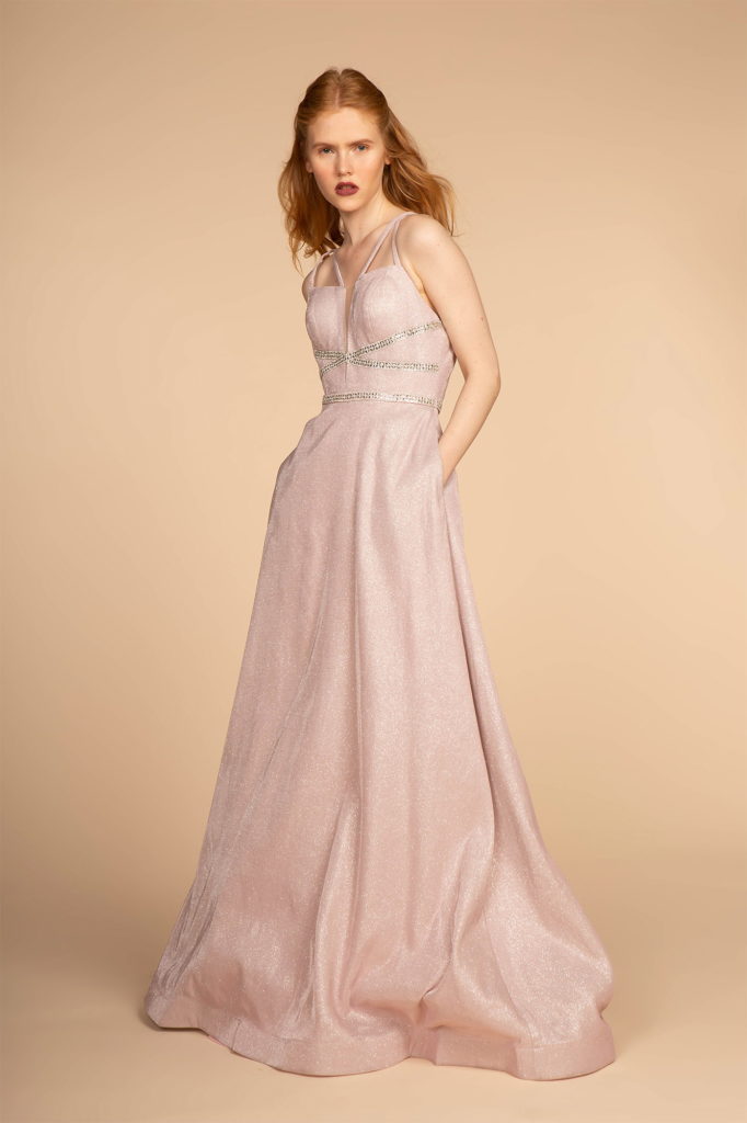 Glitter Crepe A-Line Long Dress with Strap Back