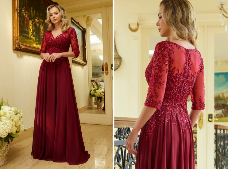 Embroidered Chiffon Dress with 12 Sleeves and Illusion V-Neck