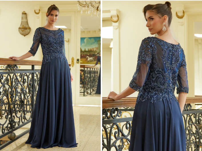 Embellished A-Line Dress with 1/2 Sleeves and Illusion Sweetheart Neckline