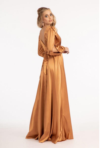 Satin Long Sleeve Long Dress with Waist Strap 