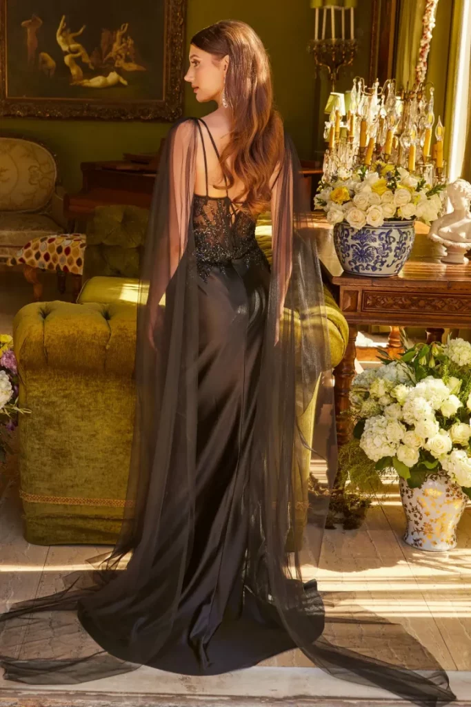 Rear view of Shoulder Strap Prom Dress with Watteau Train