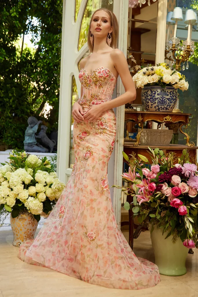 Embellished Strapless Sweetheart Dress with Lace-Up Corset and Flower Appliqués - front view