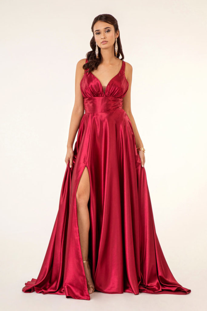 Front view of V-Neck Wide Waistband A-Line Satin Long Dress /w Slit