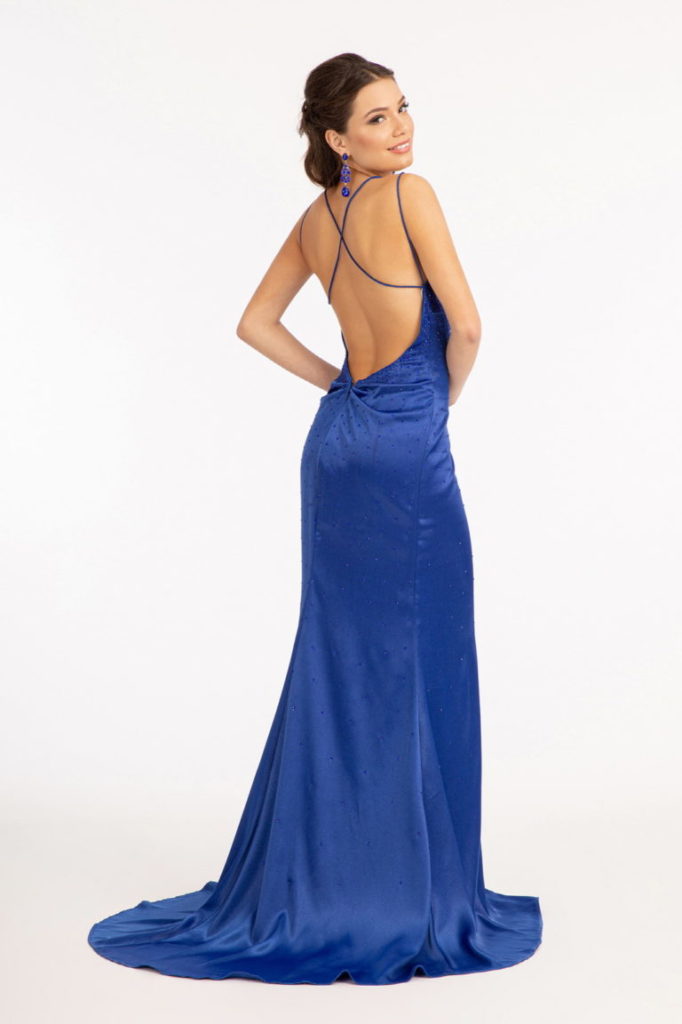 Rear View of Beads Embellished Satin Mermaid Dress w/ Pleated Chest and Side Slit
