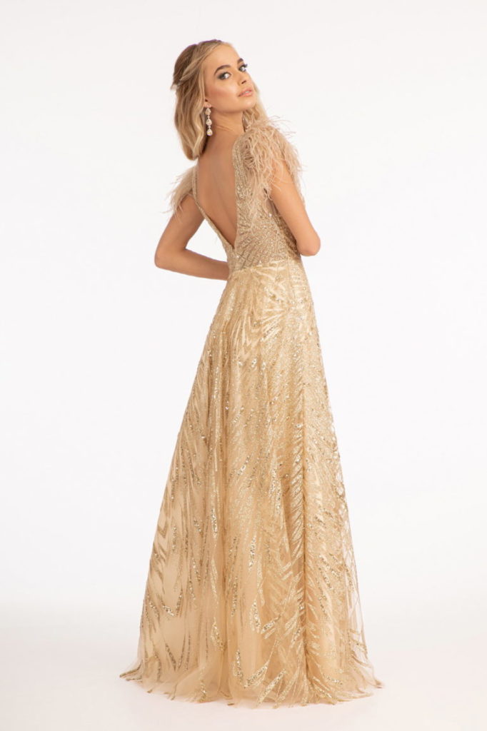 Embellished A-line Dress w/ Feather Shoulders and Open V-Back - front view
