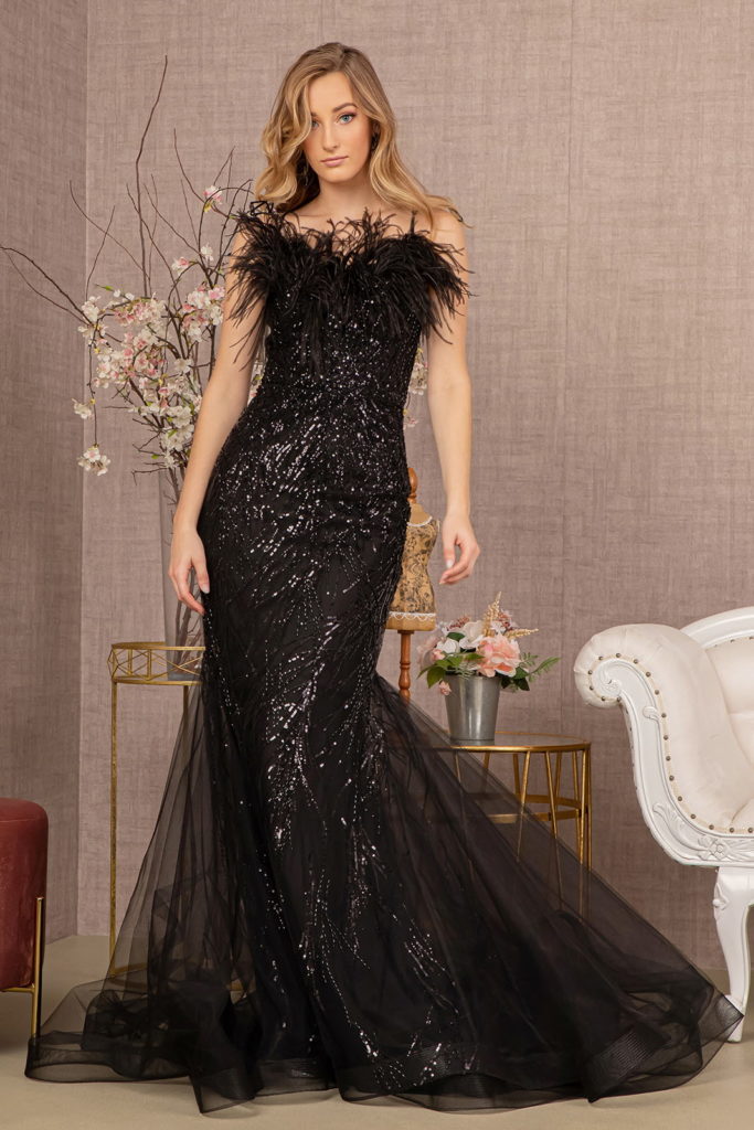 Sequin Mesh Trumpet Dress w/ Sweetheart Neckline and
Feather Embellishments