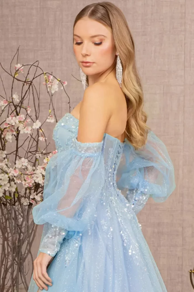 Side view of Sequin Glitter Sheer Bodice Illusion Sweetheart A-line Mesh Dress