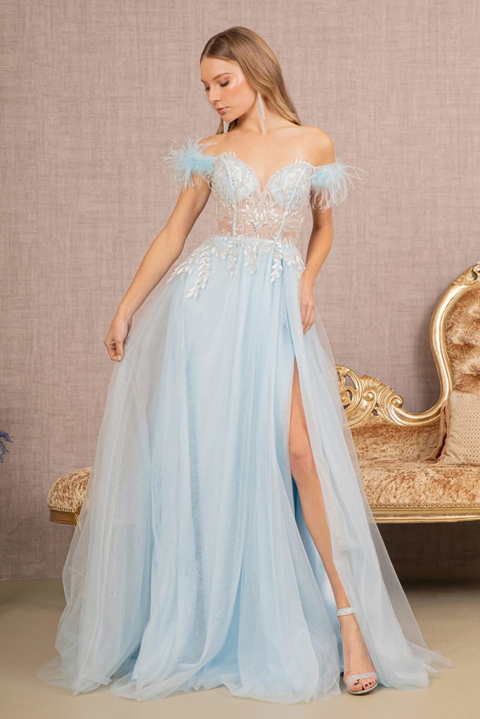 Glitter Sequin Mesh A-Line Dress with Sheer Bodice and Feather Straps
