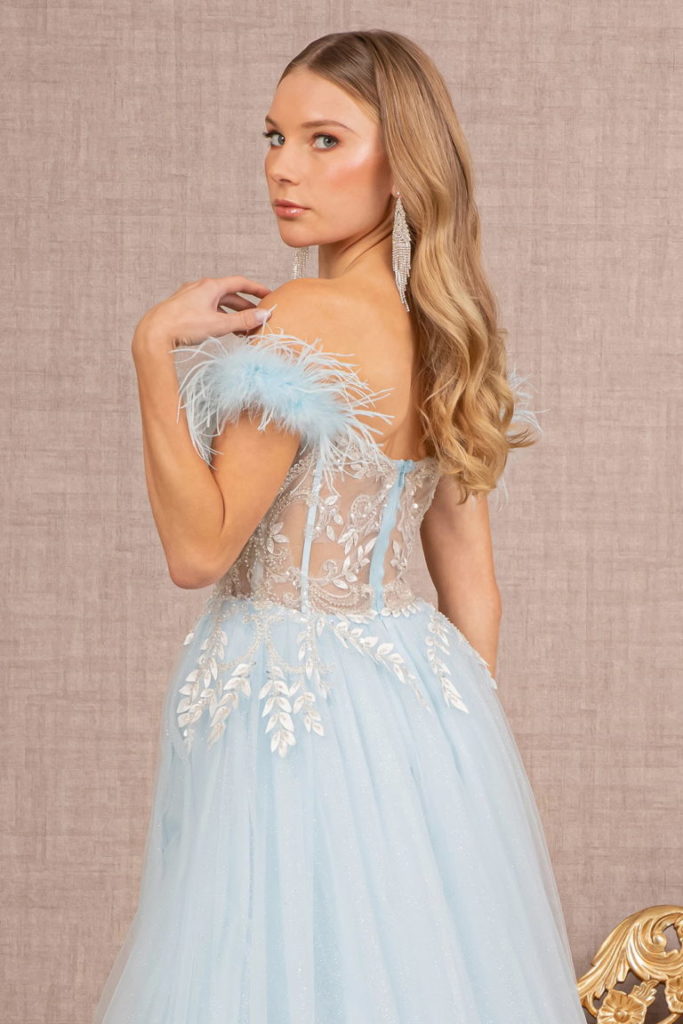 Glitter Sequin Mesh A-Line Dress with Sheer Bodice and Feather Straps - rear view