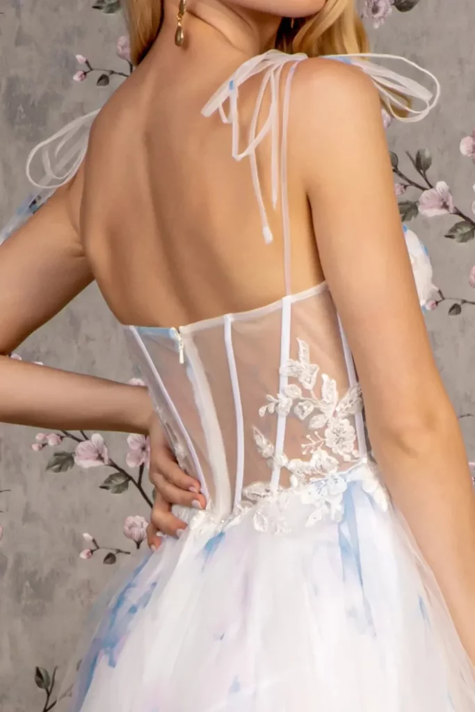 Rear view of Embroidery Bead Tied Shoulder Mesh A-line Long Dress
