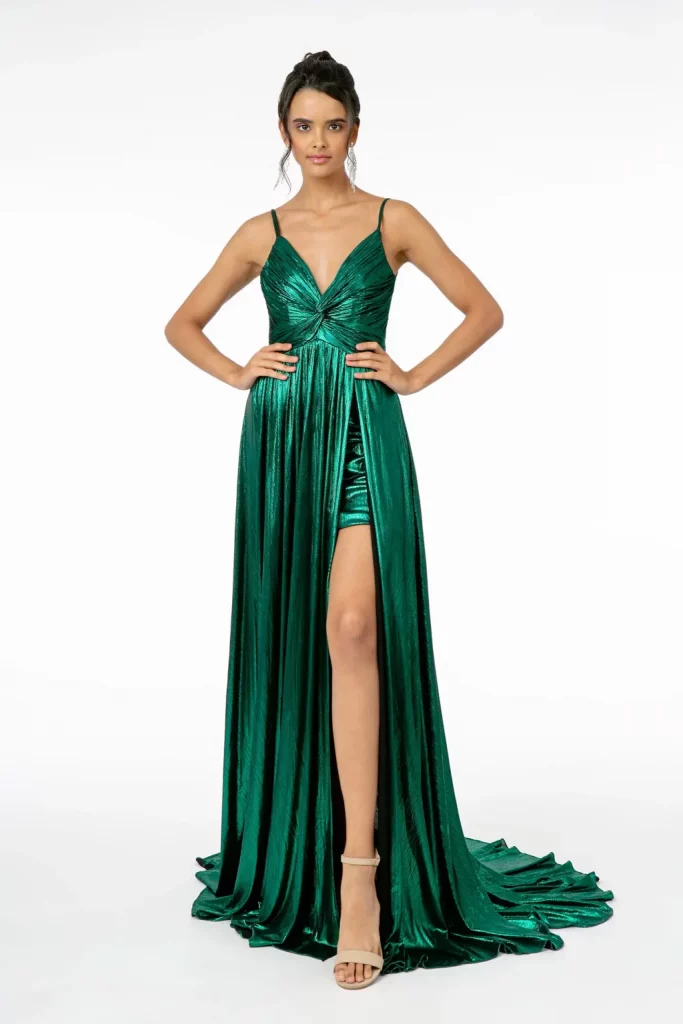 Front view of Pleated Bodice Metallic Lamé Long Dress w/ Leg Slit