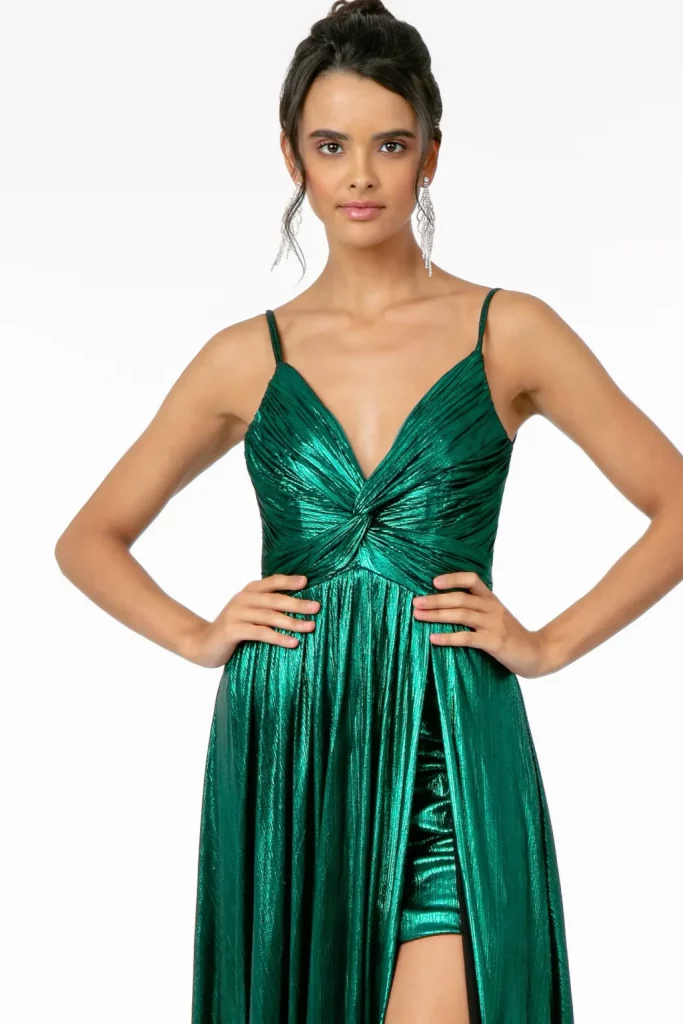 Back View of Pleated Bodice Metallic Lamé Long Dress w/ Leg Slit