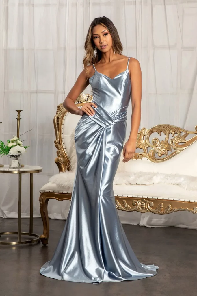 Front view of Sweetheart Satin Mermaid Dress w/ Open Back and Side Gathered Waistline