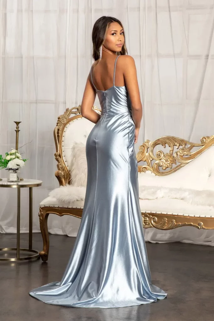 Back view of Sweetheart Satin Mermaid Dress w/ Open Back and Side Gathered Waistline