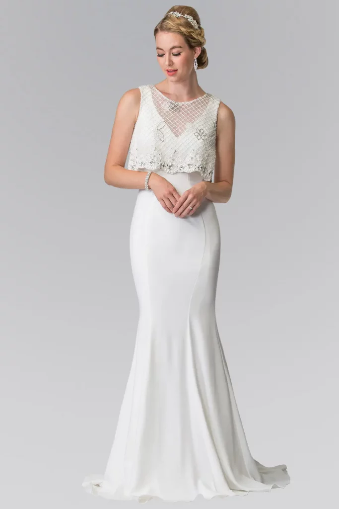White V-Neck Long Dress with Detachable Beaded Lace Top