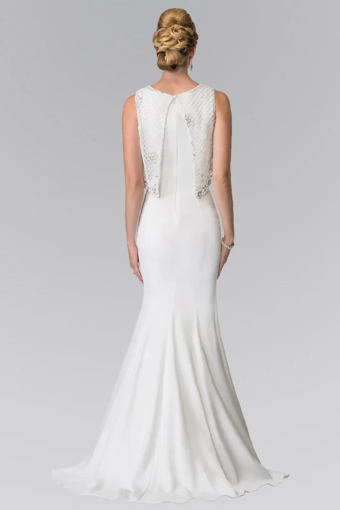 White V-Neck Long Dress with Detachable Beaded Lace Top Rear View