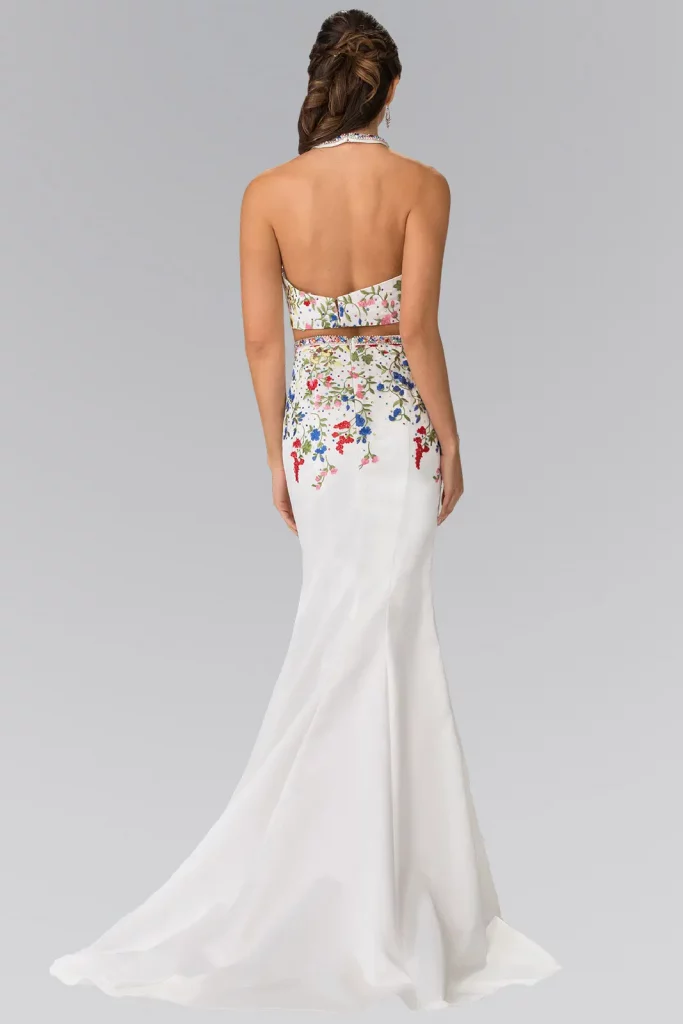 Two-Piece Floral Embroidered Satin Prom Dress with Halter Neck and Mermaid Skirt Rear View