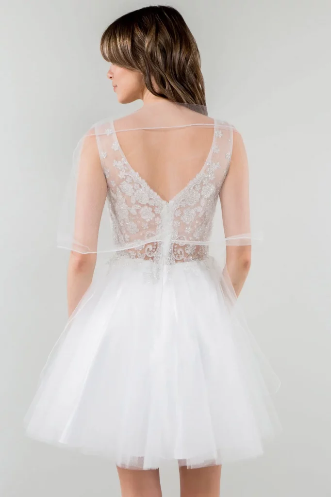 Glitter Embellished Bodice V-Neck Tulle Short Dress Rear View