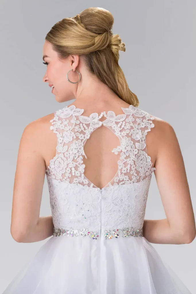 Lace Illusion Top A-line Short Dress with Beaded Waist Back View