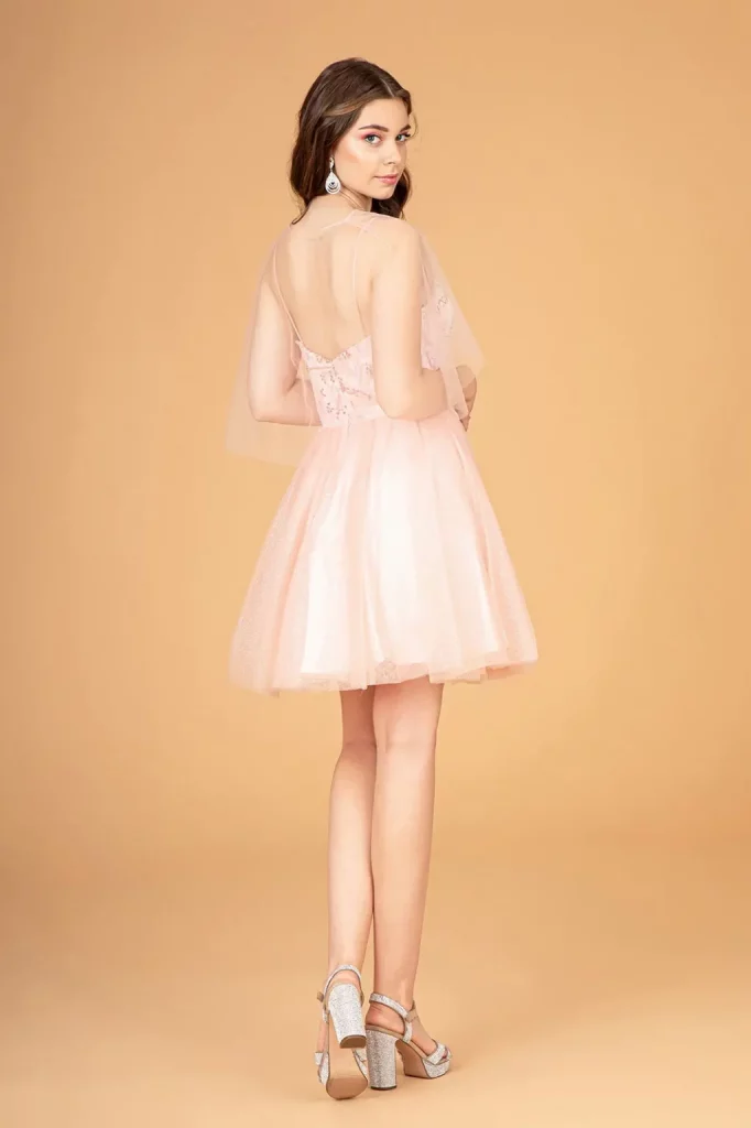 3-D Flower Appliqué Mesh Short Dress w/ Short Mesh Cape Back View