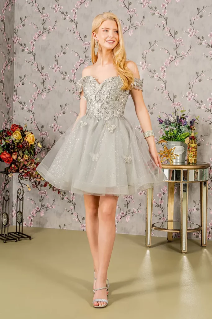Butterfly Appliqué Sequin Mesh Babydoll Dress with Sheer Straps Front View