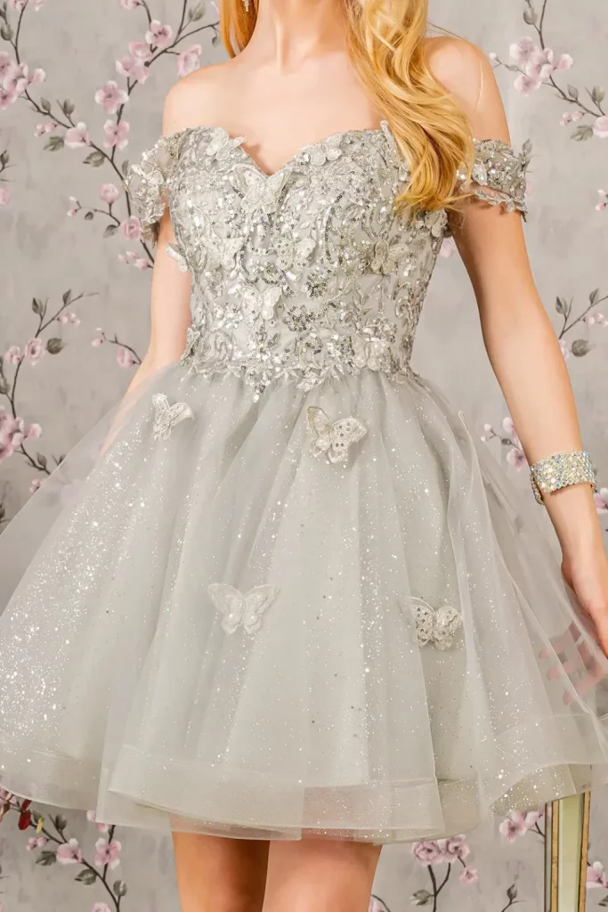 Butterfly Appliqué Sequin Mesh Babydoll Dress with Sheer Straps Back View