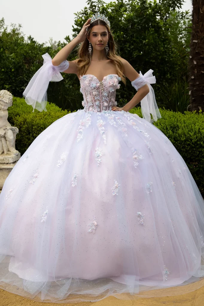 Ball Gown With 3D Flower Embellishments and Lace-Up Back