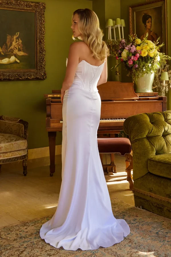 Rear view of Lady in Strapless Fitted Dress