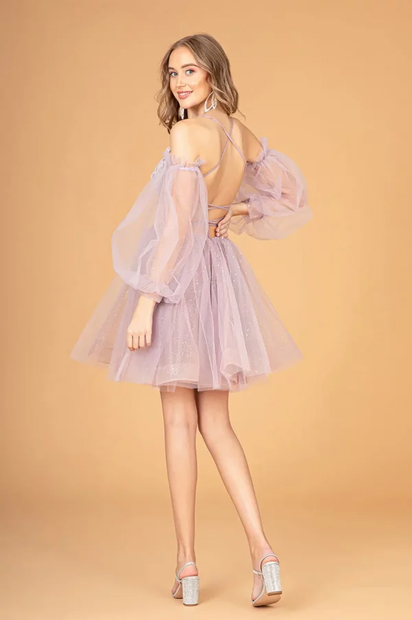 Sheer Bodice Glitter Short Dress w/ Detachable Mesh Long Sleeves Rear View