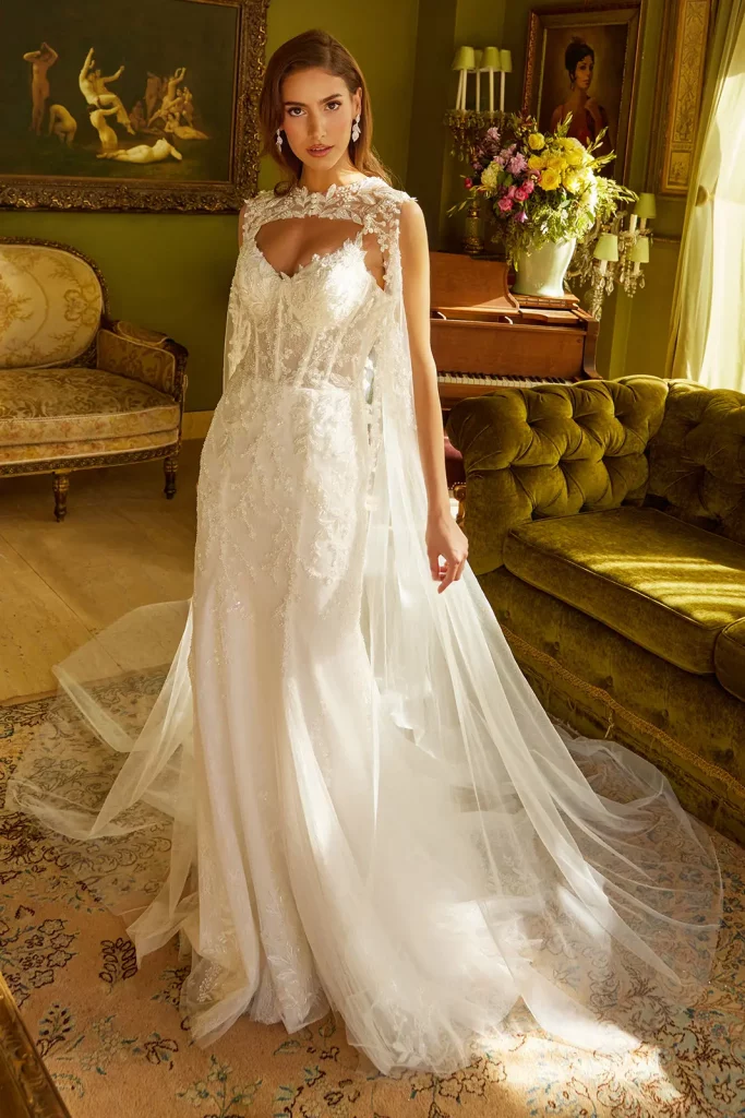 a woman in a classy white wedding dress